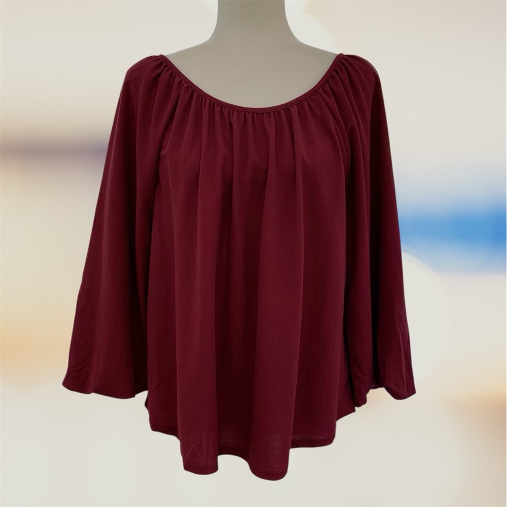 Bobeau Maroon Scoop-Neck Three-Quarter Length Balloon Sleeves Peasant Blouse XL